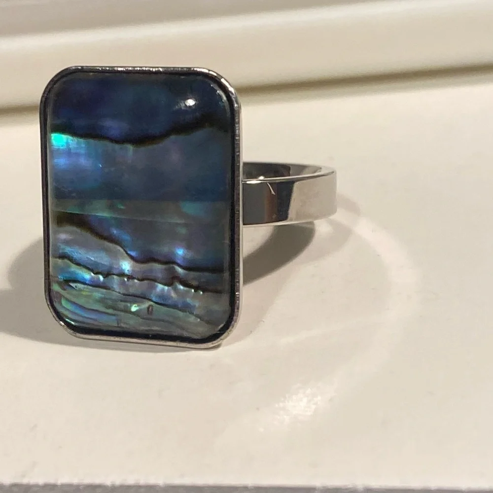 NEW Oversized Abalone Statement Ring Silver Boho Iridescent Shell Jewelry GIFT
